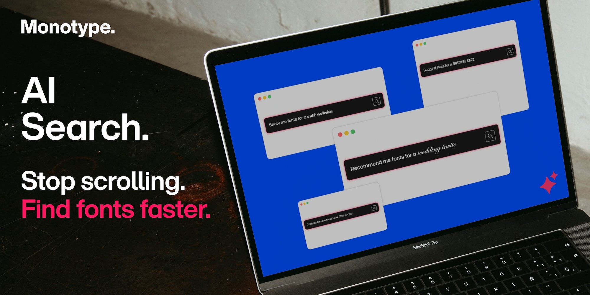 Auf einem aufgeklappten Laptop sieht man einen Screenshot des Tools AI Search zur Schriftwahl.