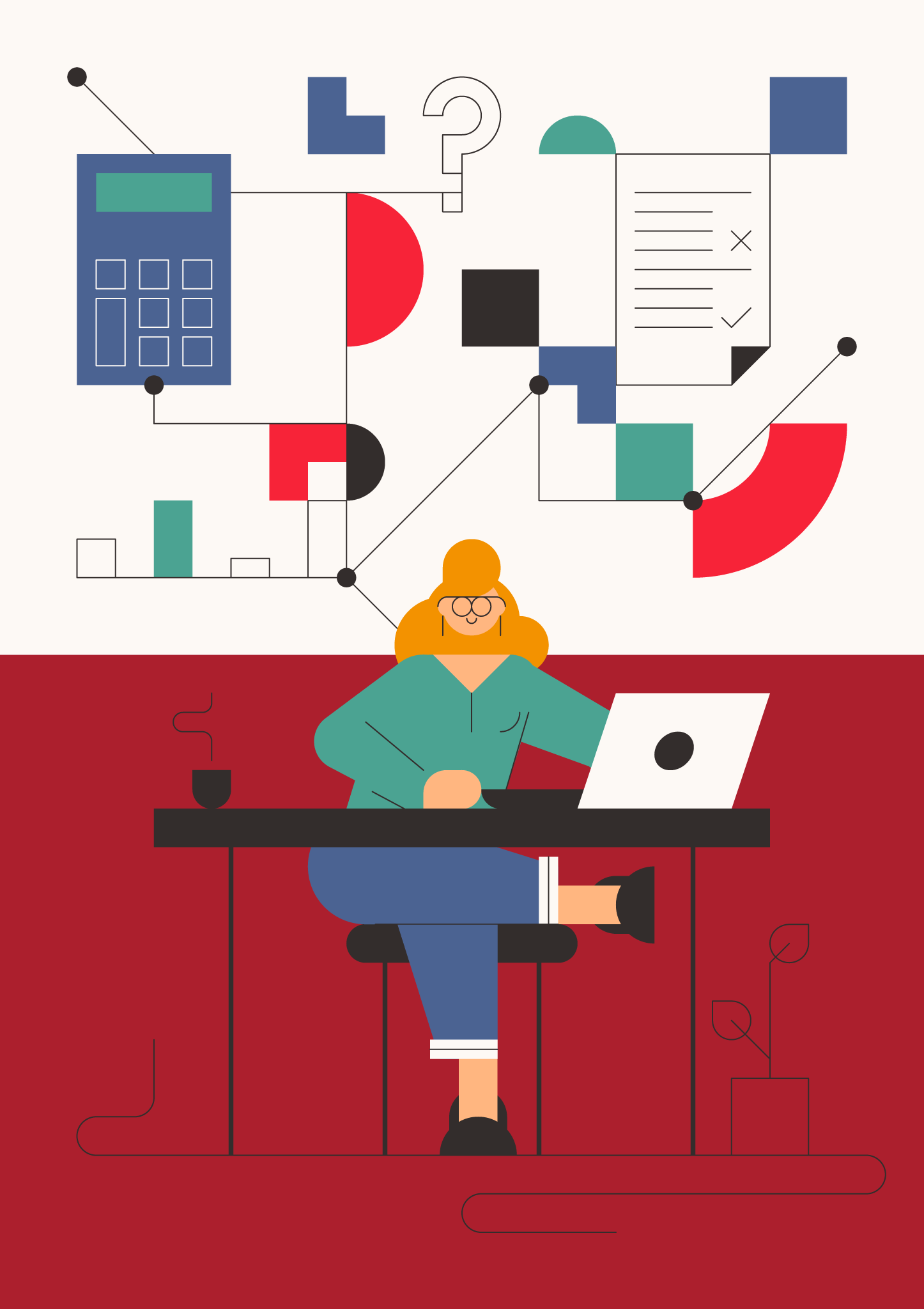 Flächige Illustration einer Person mit Laptop am Schreibtisch vor abstrakten Diagrammen, Formularsymbolen, Taschenrechner und Fragezeichen; rot-beiger Hintergrund mit grafisch vernetzten Elementen.