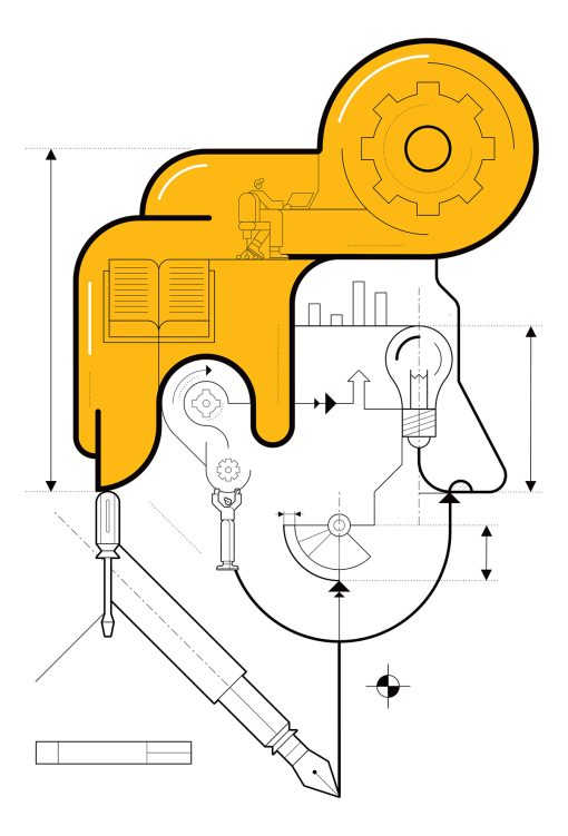 Konzeptionelle Grafik eines stilisierten Kopfprofils mit gelber Fläche; integriert sind Zahnräder, Buch, Diagramme, Glühbirne, Schraubenzieher und Füller als Symbole für Wissen, Technik und Arbeit.
