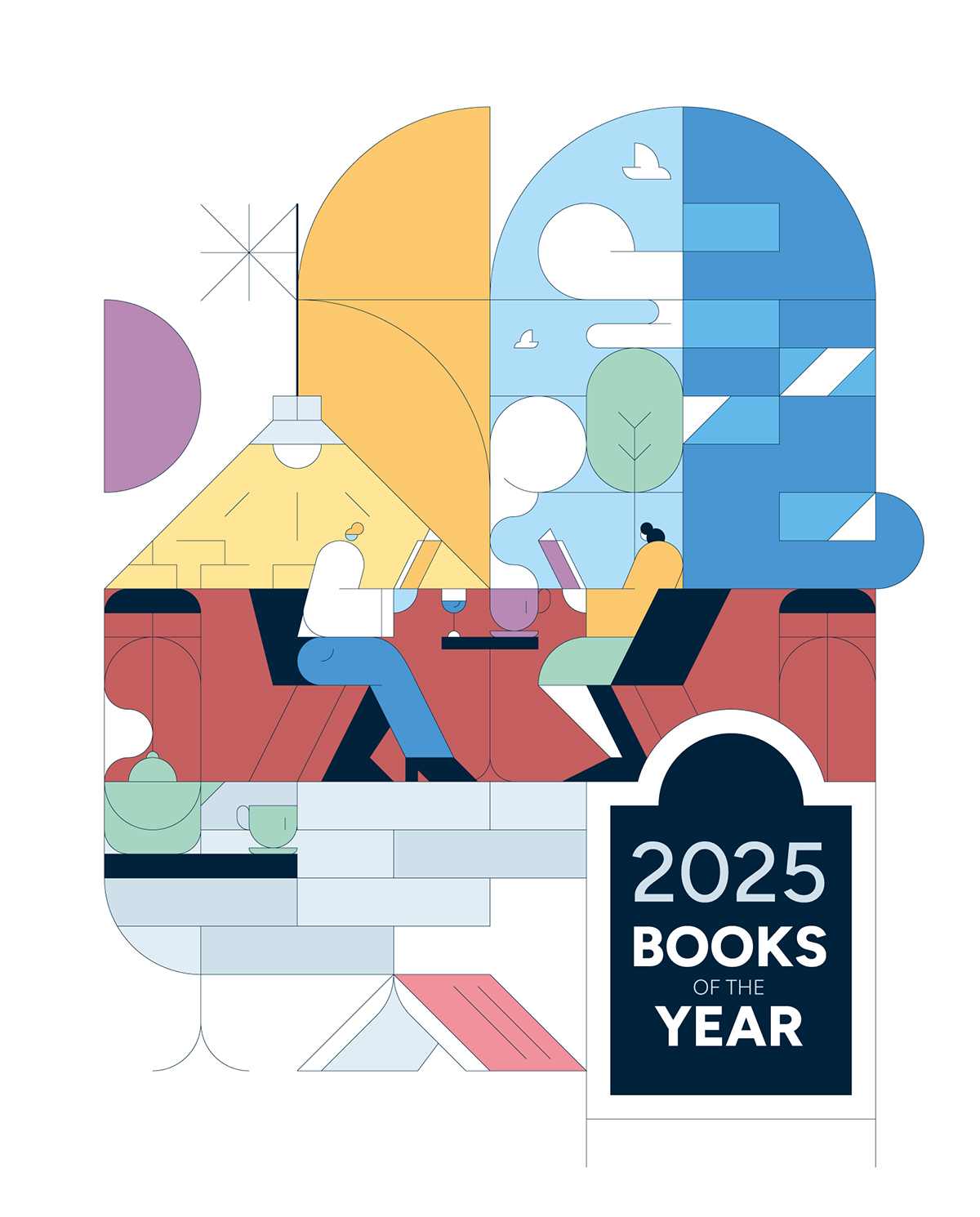 Redaktionelle Illustration einer Café-Szene mit zwei lesenden Personen unter einer halbierten Tages- und Nachtdarstellung; rechts ein Schild mit der Aufschrift »2025 BOOKS OF THE YEAR«.
