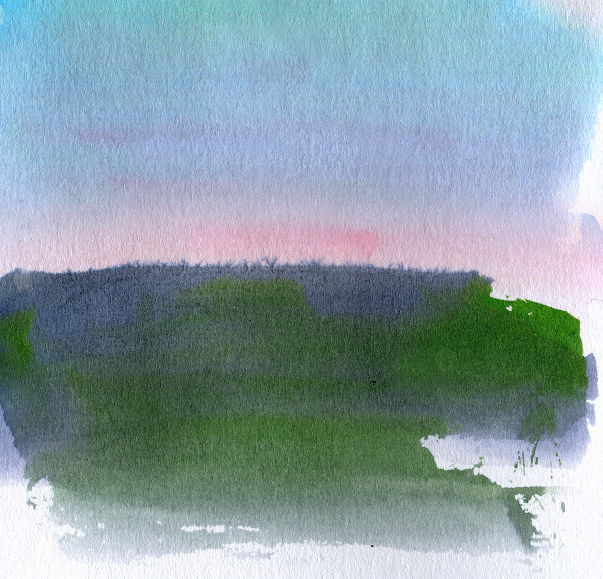 Abstrakte Aquarelllandschaft mit breiten, weich verlaufenden Farbflächen in Grün-, Blau- und Rosatönen. Die Horizontlinie ist nur angedeutet, das Papier zeigt sichtbare Wasser- und Pigmentverläufe.