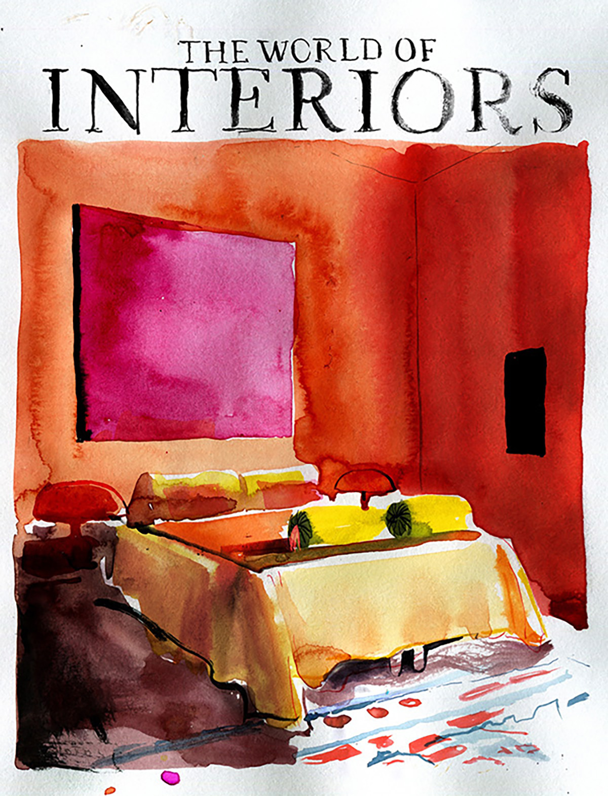 Magazincover mit dem Titel »The World of Interiors« in schwarzer Serifenschrift. Darunter eine expressiv gemalte Innenraumszene in warmen Rot-, Orange- und Gelbtönen mit Bett, Nachttischen und großem Wandbild.