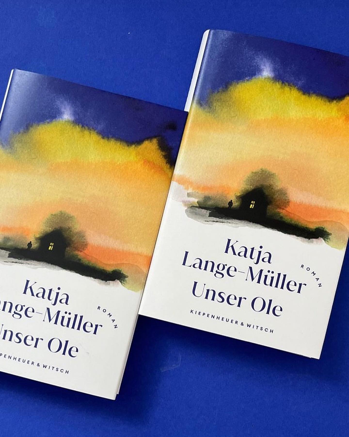 Zwei Exemplare des Romans „Unser Ole“ von Katja Lange-Müller liegen nebeneinander auf blauem Untergrund. Das Cover zeigt eine atmosphärische Aquarelllandschaft mit einem Haus in der Dämmerung; Titel und Autorinnenname sind klar typografisch gesetzt.