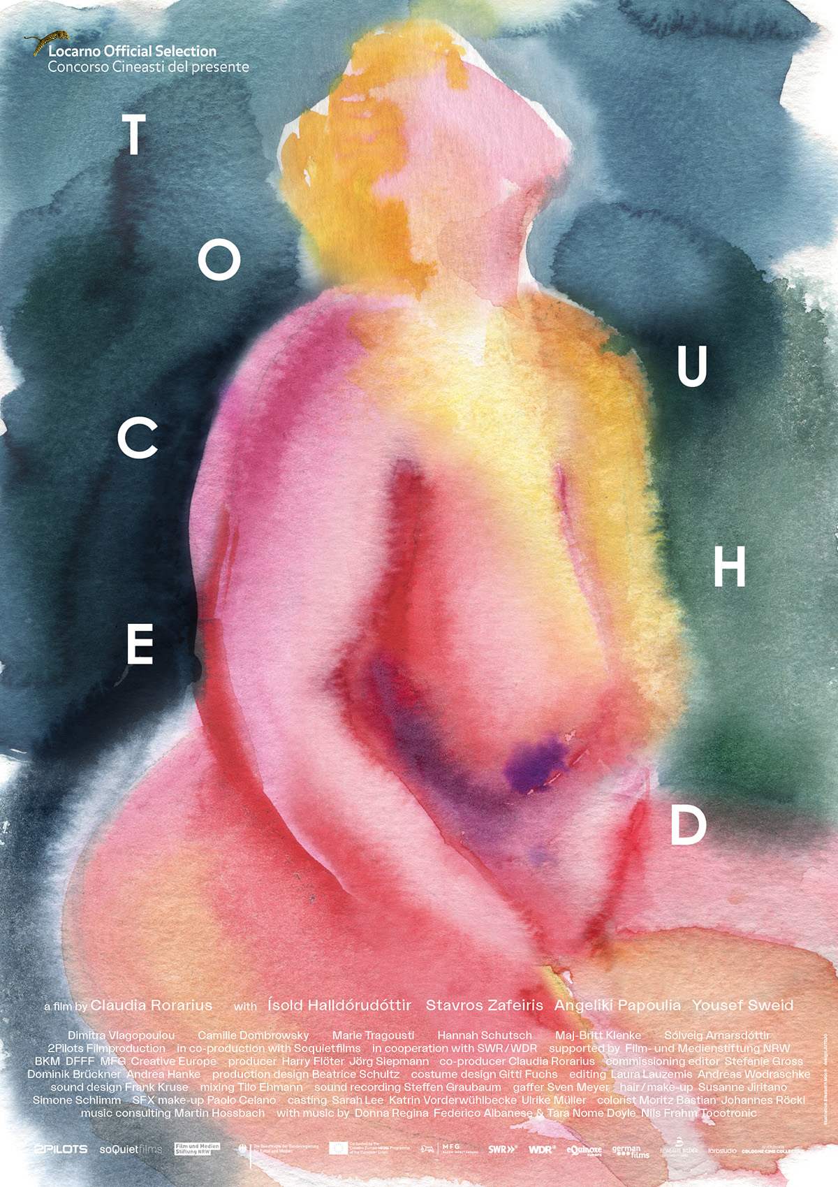 Filmplakat mit einer abstrakt in Aquarell gemalten Rückenansicht einer Person in leuchtenden Rot-, Gelb- und Rosatönen vor dunklem Hintergrund. Der Titel „Touch“ ist in weit gesetzten weißen Buchstaben über das Bild verteilt.