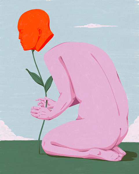 Eine kniende rosa Figur hält eine Pflanze, deren Blüte ein leuchtend roter menschlicher Kopf ist. Himmel und Wiese wirken ruhig und weit.