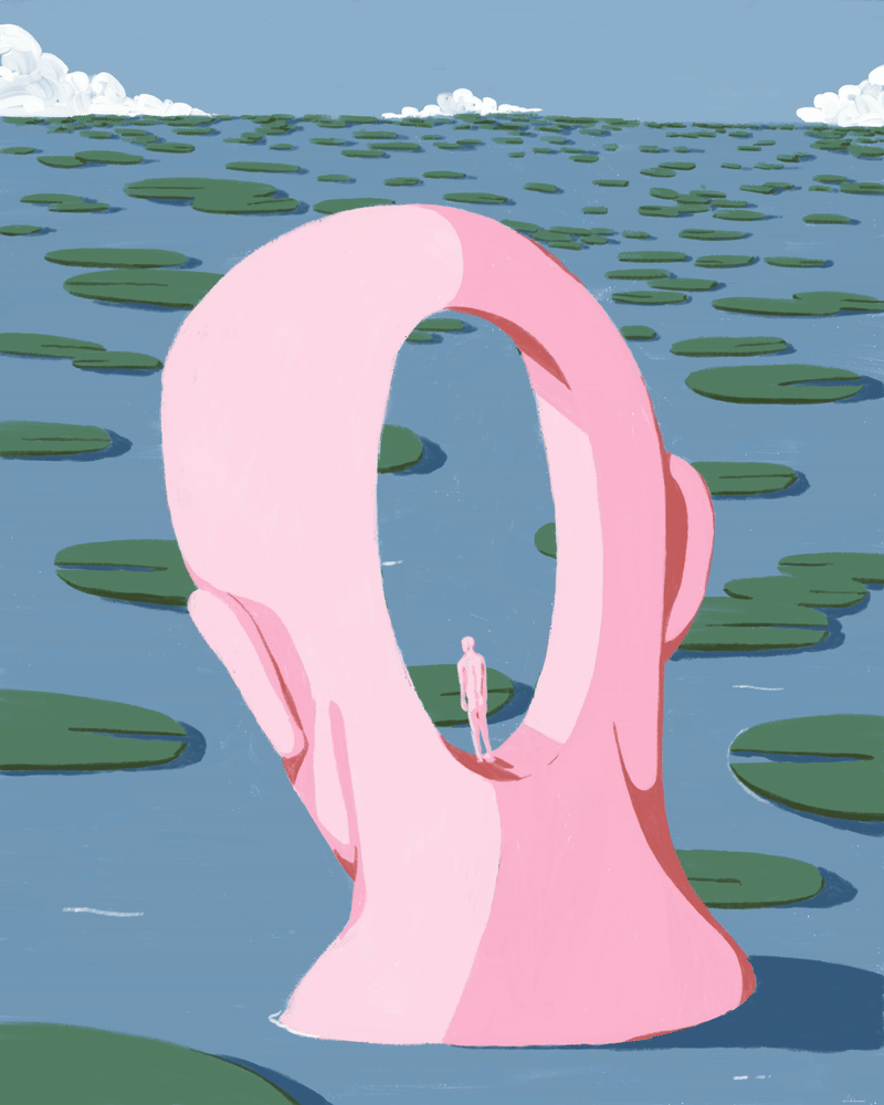 Rosa Hinterkopf mit einer großen Öffnung, durch die man eine weite Wasserlandschaft mit verstreuten grünen Inseln sieht. Eine kleine Figur steht im Inneren des Kopfes auf einer schmalen Fläche.