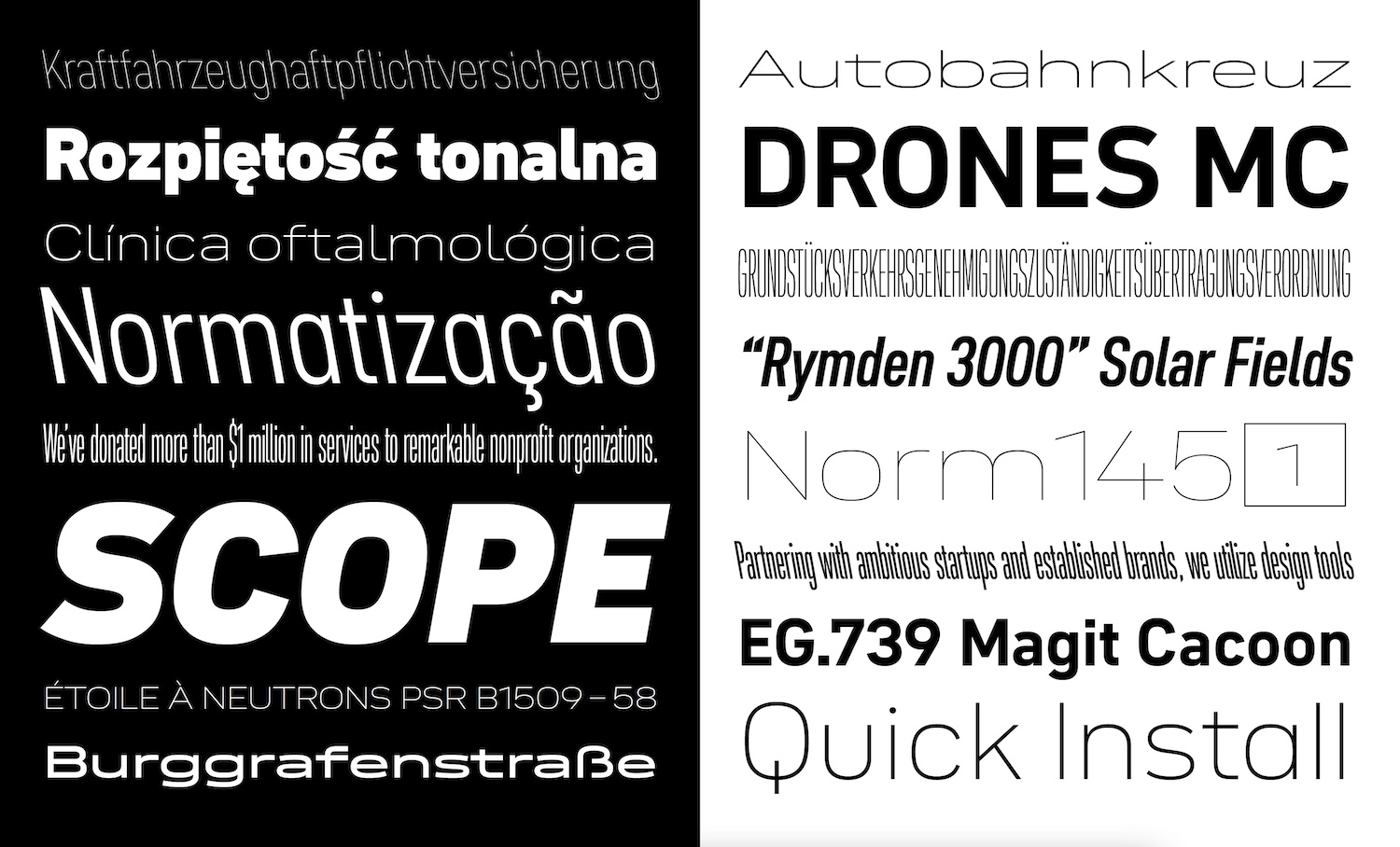 Anhand eines Mustertextes sieht man die verschiedenen Schnitte der Schrift DIN, aufrechte sowohl als auch kursive. Die linke Hälfte des Bildes zeigt weiße Schrift auf schwarzem Grund, die rechte Hälfte schwarze Schrift auf weißem Grund.