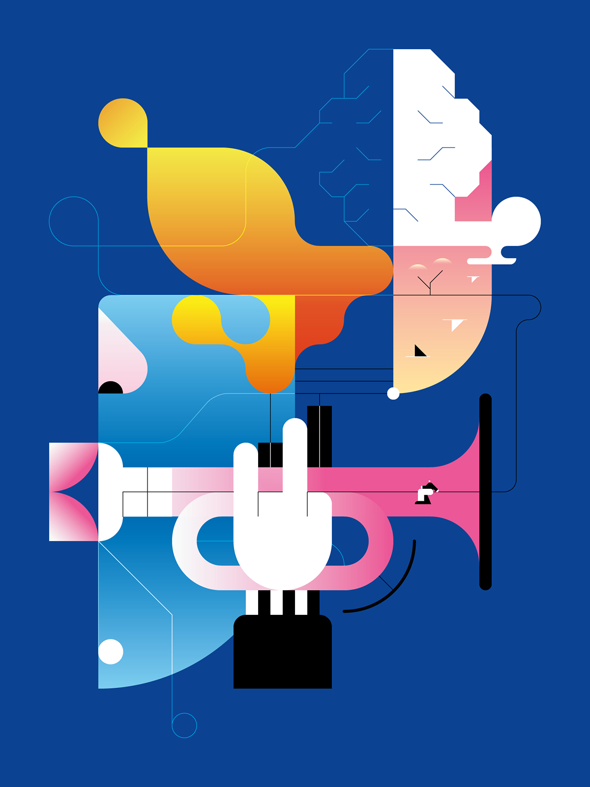 Konzeptionelle Darstellung eines halb menschlichen, halb digitalen Kopfprofils; kombiniert mit Balkendiagramm, Wolkenformen und großem Stecker auf blauem Hintergrund.