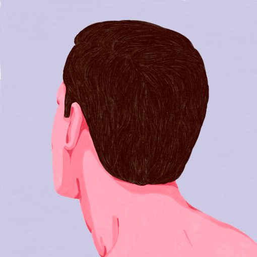 Nahansicht eines rosa gefärbten Hinterkopfes mit dunklem Haar vor neutralem Hintergrund, reduziert und flächig gemalt.