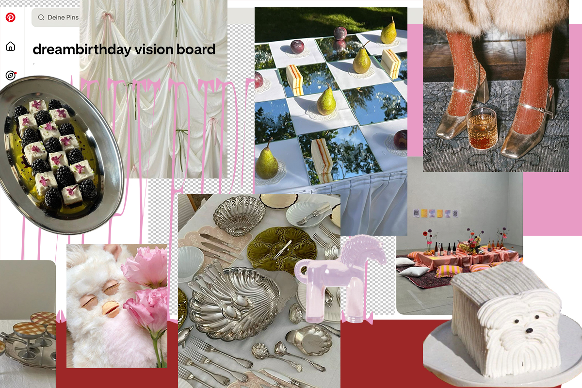 Collage im Stil eines digitalen Moodboards mit dem Titel »dreambirthday vision board«; kombiniert Fotografien von verspiegeltem Schachbretttisch mit Birnen und Kuchenstücken, silbernem Tafelsilber, rosafarben gedecktem Bodentisch, Dessert mit Brombeeren und Blüten, plüschigem Objekt mit geschlossenen Augen, Glas-Pferdefigur sowie Detailaufnahme von goldenen Schuhen mit Glitzerstrümpfen und Getränk; Hintergrund in Weiß, Rosa und Rot mit transparenten Rasterflächen.
