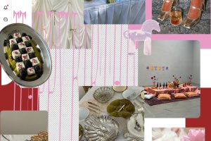 Collage im Stil eines digitalen Moodboards mit dem Titel »dreambirthday vision board«; kombiniert Fotografien von verspiegeltem Schachbretttisch mit Birnen und Kuchenstücken, silbernem Tafelsilber, rosafarben gedecktem Bodentisch, Dessert mit Brombeeren und Blüten, plüschigem Objekt mit geschlossenen Augen, Glas-Pferdefigur sowie Detailaufnahme von goldenen Schuhen mit Glitzerstrümpfen und Getränk; Hintergrund in Weiß, Rosa und Rot mit transparenten Rasterflächen.