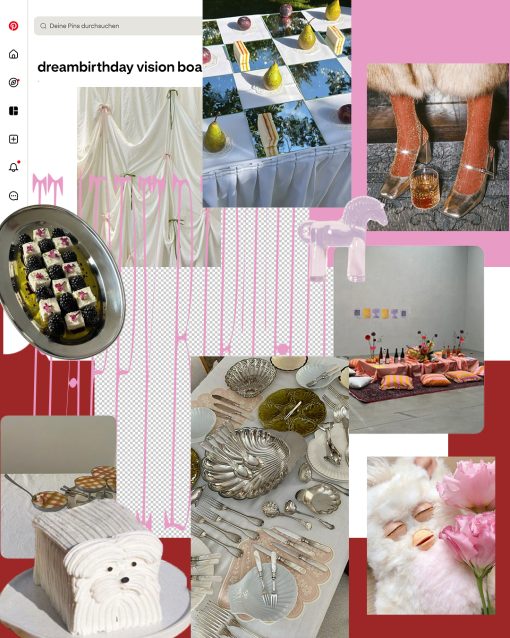Collage im Stil eines digitalen Moodboards mit dem Titel »dreambirthday vision board«; kombiniert Fotografien von verspiegeltem Schachbretttisch mit Birnen und Kuchenstücken, silbernem Tafelsilber, rosafarben gedecktem Bodentisch, Dessert mit Brombeeren und Blüten, plüschigem Objekt mit geschlossenen Augen, Glas-Pferdefigur sowie Detailaufnahme von goldenen Schuhen mit Glitzerstrümpfen und Getränk; Hintergrund in Weiß, Rosa und Rot mit transparenten Rasterflächen.