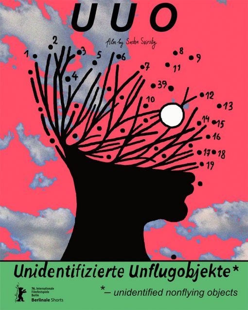 Die schwarze Silhouette eines Kopfes, aus dem verzweigte Linien wie Äste wachsen, vor pinkem Himmel mit Wolkenfragmenten. Der Titel »Unidentifizierte unflugobjekte« steht unten auf grünem Balken mit englischer Unterzeile.