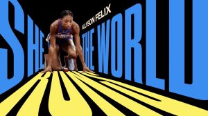 Die Sprinterin Allyson Felix kniet in Startposition auf einer Laufbahn, die aus buchstaben gebildet ist.