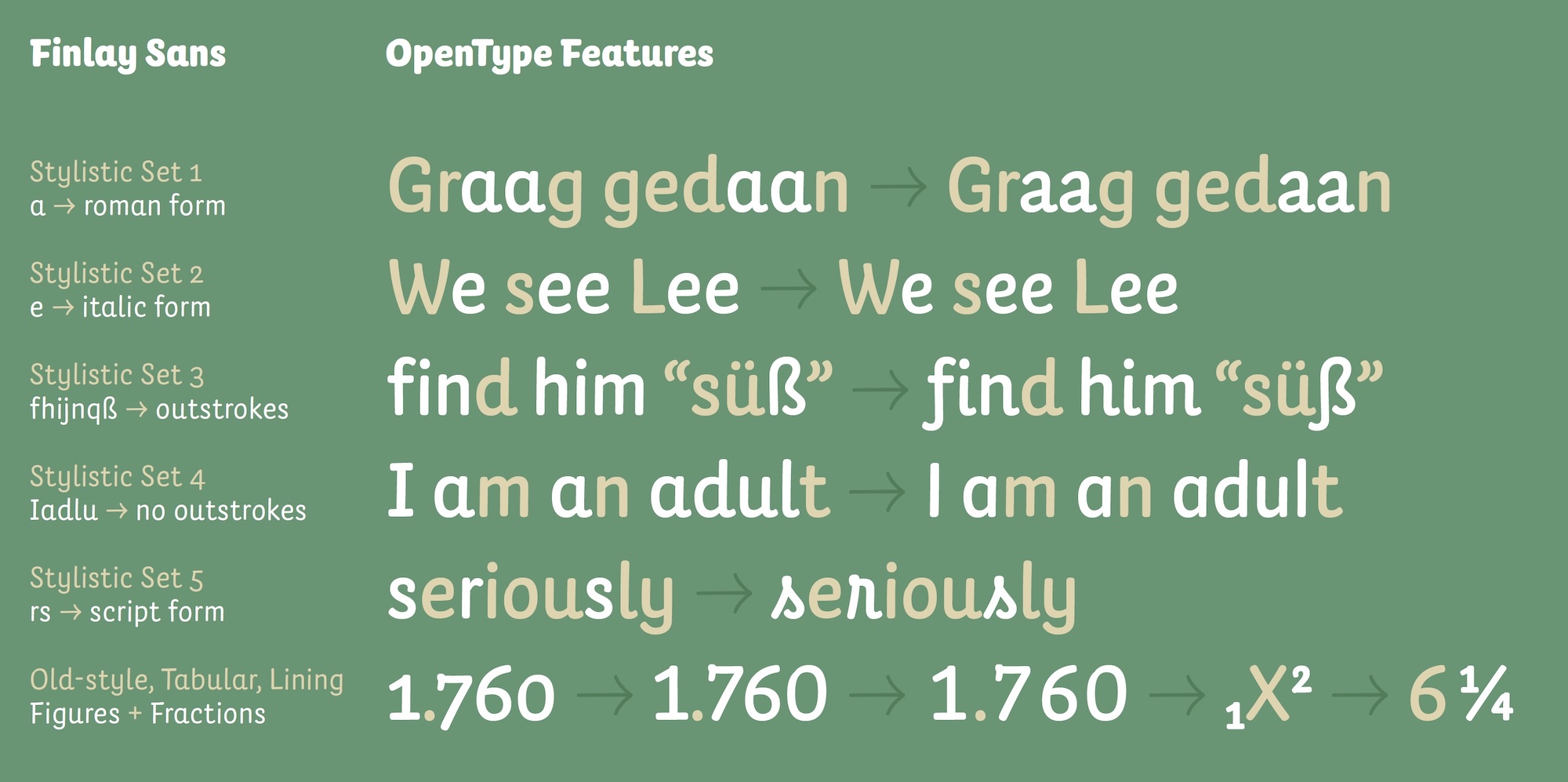 Auf grünem Hintergrund sind die OpenType Features der Schrift Finlay Sans dargestellt.