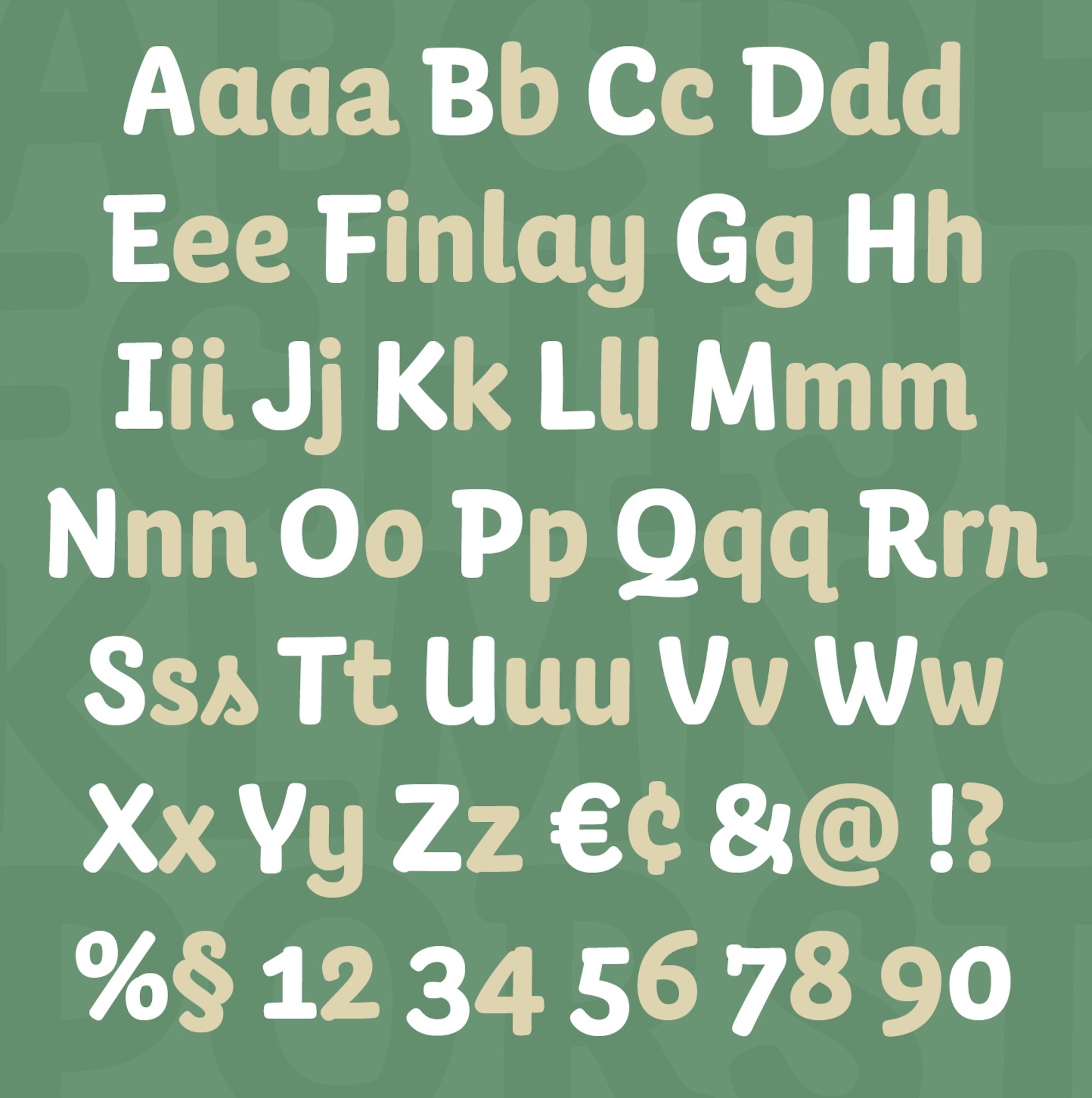 Auf grünem Hintergrund sehen wir die Groß- und Kleinbuchstaben der Schrift Finlay Sans sowie die enthaltenen Alternativzeichen.