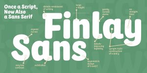 Auf grünem Hintergrund seht in weiß fett und groß Finlay Sans. Davon abgehende Spinnenbeine beschreiben verschieden charakteristische Merkmale der Schrift Finlay Sans.