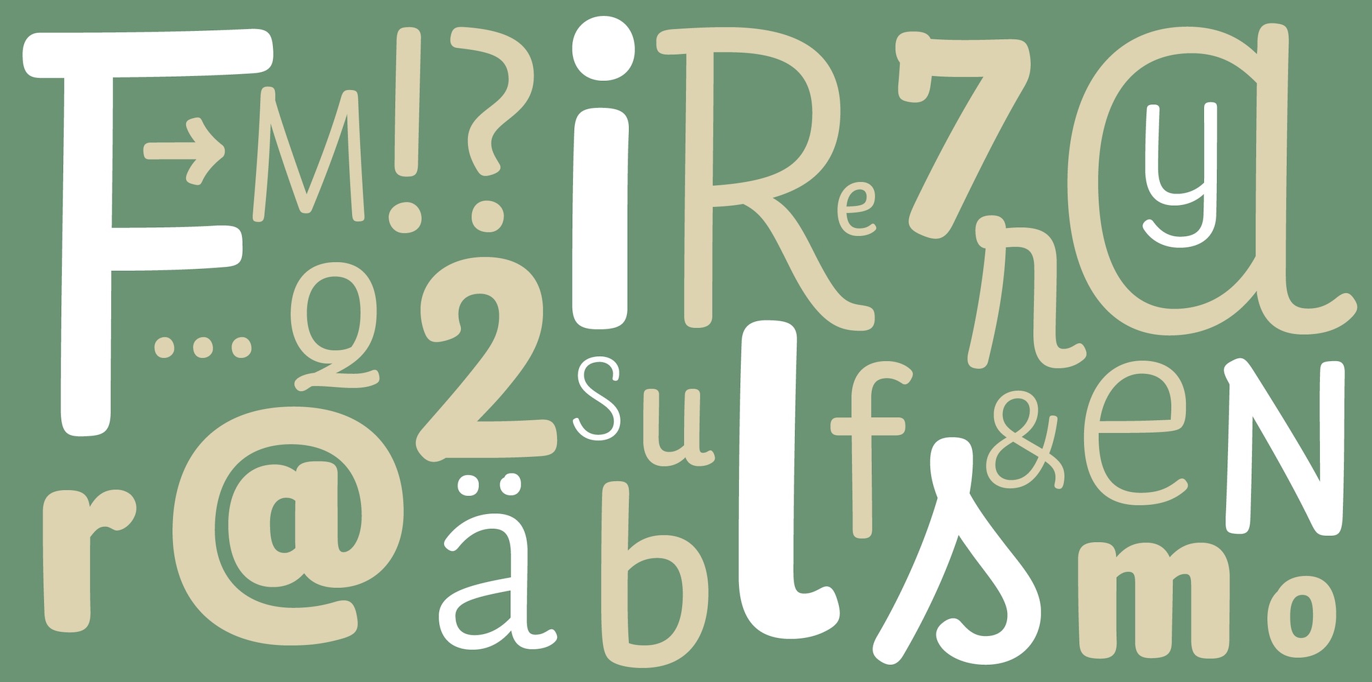 Auf grünem Hintergrund sieht man einzelne Glyphen der Schrift Finlay Sans in verschiedenen Größen.