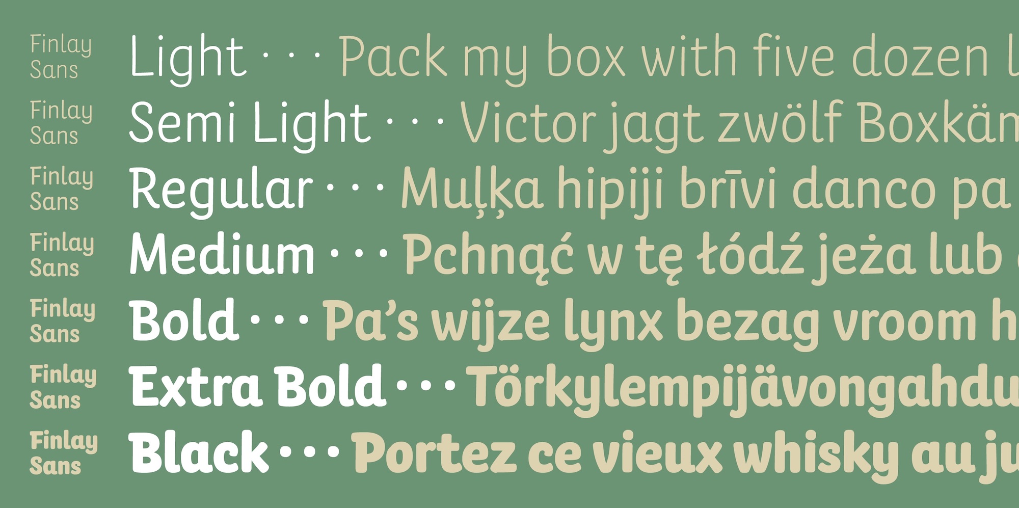 Auf grünem Hintergrund sieht man die sieben Strichstärken der Schrift Finlay Sans
