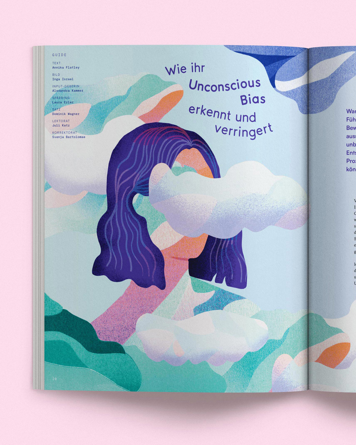 Magazin-Doppelseite mit Überschrift »Wie ihr Unconscious Bias erkennt und verringert«; Illustration eines Kopfes, dessen Gesicht teilweise von Wolken verdeckt wird, in pastelligen Blau- und Grüntönen.