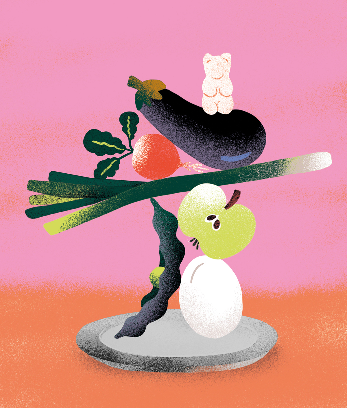 Stillleben aus stilisierten Lebensmitteln auf Teller: Aubergine, Apfelhälfte, Ei, Bohnen, Frühlingszwiebeln und Rettich; oben sitzt eine kleine Gummibärchenfigur.