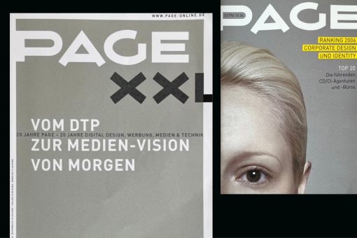 Zwei Magazincover der Designzeitschrift PAGE. Links ein graues Cover mit großem weißen Schriftzug „PAGE XXL“ und der Headline „Vom DTP zur Medien-Vision von morgen – 20 Jahre PAGE, 20 Jahre Digital Design, Werbung, Medien & Technik“. Rechts ein weiteres Cover mit dem Titel „PAGE“, das einen nahen Ausschnitt eines Gesichts mit blondem Haar und einem Auge zeigt. Daneben steht hervorgehoben „Ranking 2006 Corporate Design und Identity – Top 20 der führenden CD/CI-Agenturen und -Büros“.