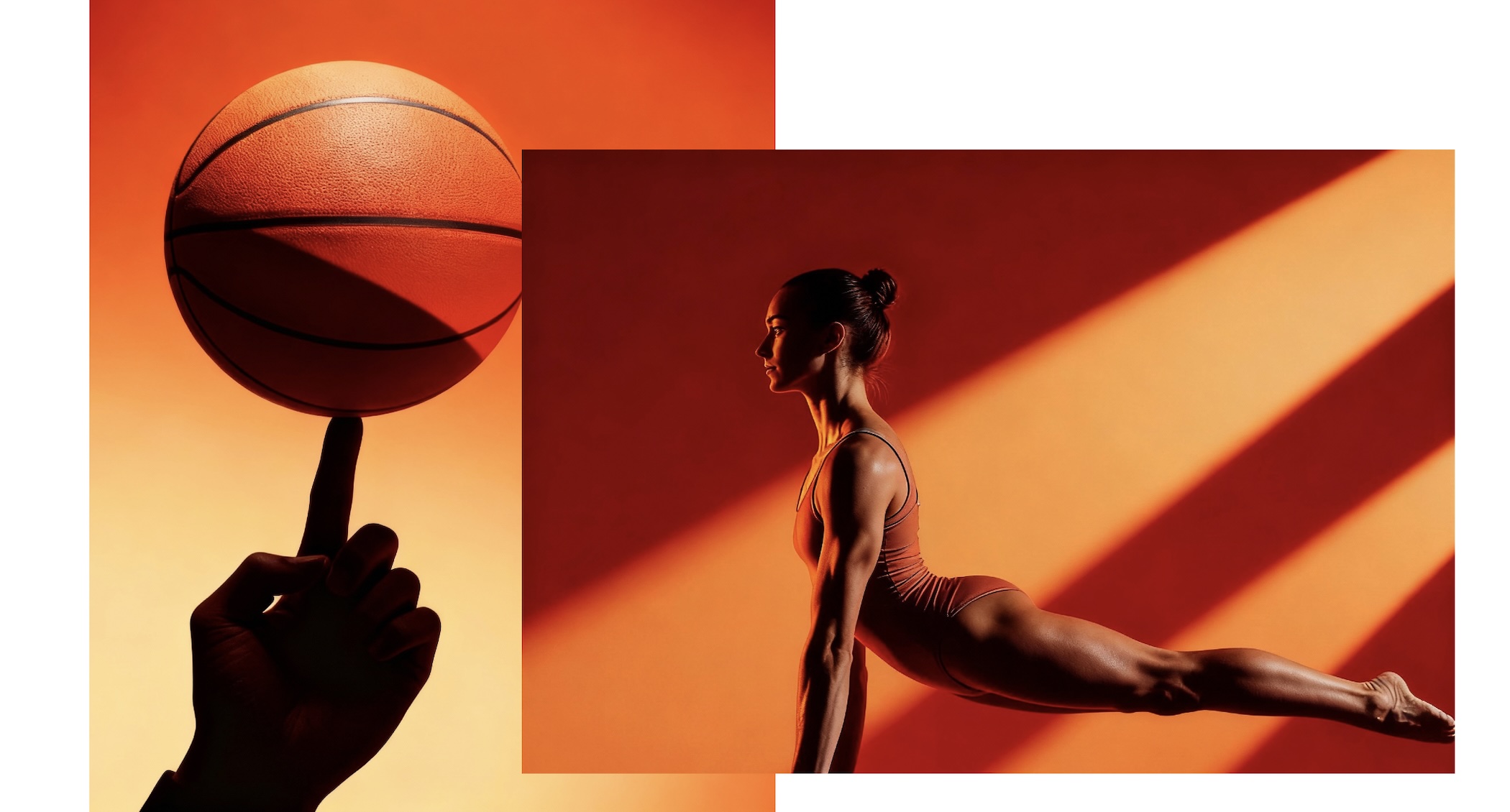 KI generierte Bilder, ganz in Orange getaucht und mit Schattenspielen auf Ball, der sich auf Finger dreht und Frau am Barren