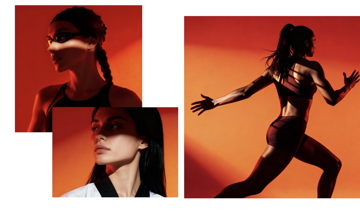 KI generierte Bilder von Frauen, ganz in Orange getaucht und mit Schattenspielen auf Gesicht und Körpern, die sie beim Sport zeigen