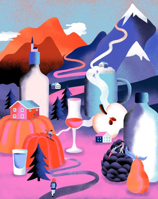 Bunte Landschaft aus Bergen, Fluss und Häusern kombiniert mit Getränken und Früchten: Flaschen, Glas mit rotem Getränk, Apfelhälfte, Birne und ein rotes Wackelpudding-Dessert mit Haus darauf.
