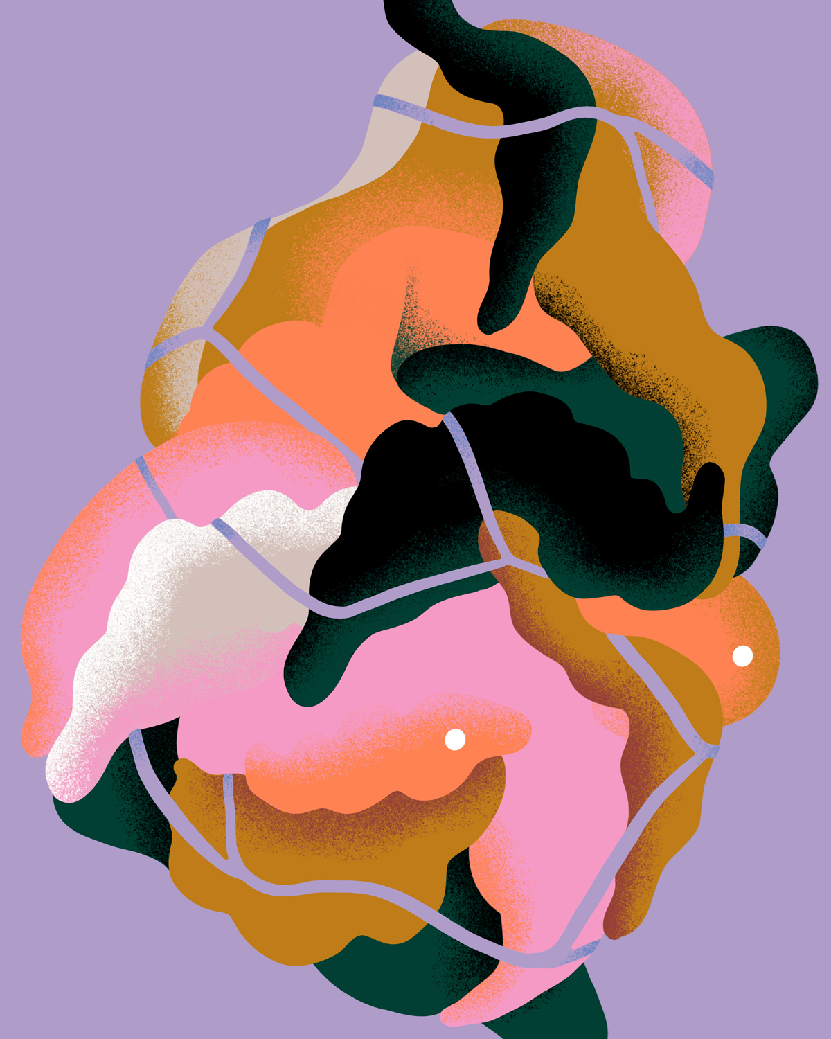 Abstrakte Illustration überlagerter organischer Formen in Rosa-, Grün- und Ockertönen, durchzogen von dünnen Linien wie einem Netzwerk vor hellviolettem Hintergrund.