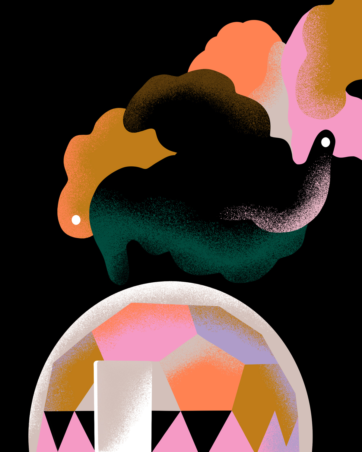 Abstrakte Komposition aus organischen Formen in Rosa, Grün, Ocker und Schwarz auf schwarzem Hintergrund; darunter ein geometrischer Körper mit Türöffnung.