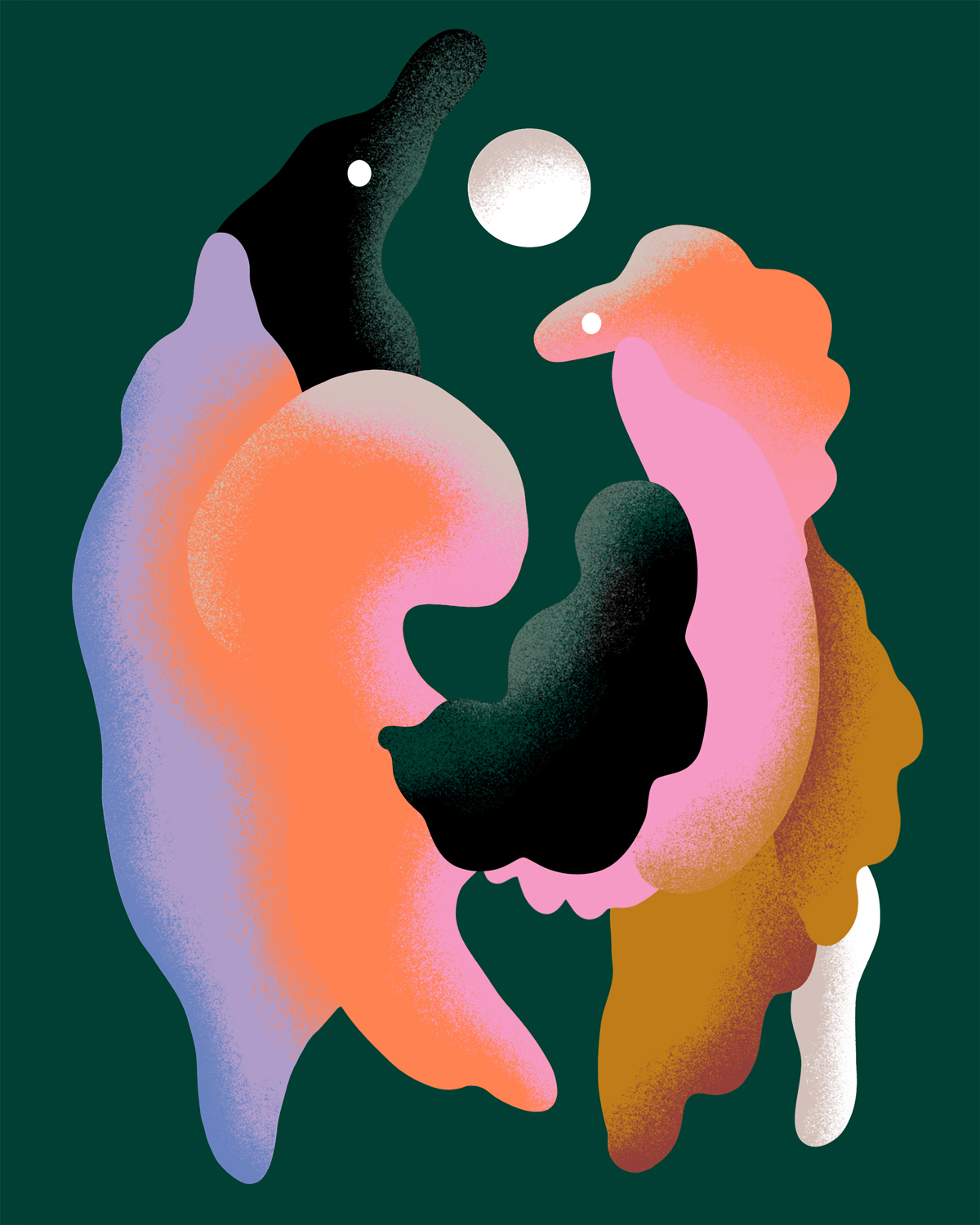 Abstrakte Illustration zweier organischer Figuren in Pastellfarben, die sich einander gegenüberstehen; zwischen ihnen eine dunkle, verbindende Form vor dunkelgrünem Hintergrund.