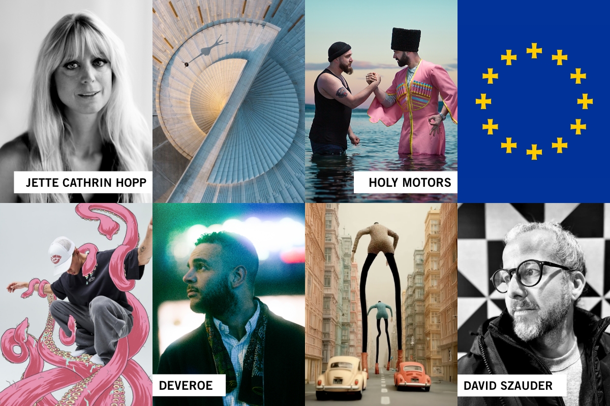 Bildcollage mit acht Motiven: Porträt von Jette Cathrin Hopp, eine spiralförmige architektonische Struktur, Szene aus der Kampagne „Holy Motors“ mit zwei Männern im Wasser, EU-Flagge mit gelben Sternen auf blauem Grund, Illustration eines Skateboarders mit Tentakeln, Porträt von Deveroe, surreale Straßenszene mit langbeinigen Figuren zwischen Autos sowie Porträt von David Szauder.