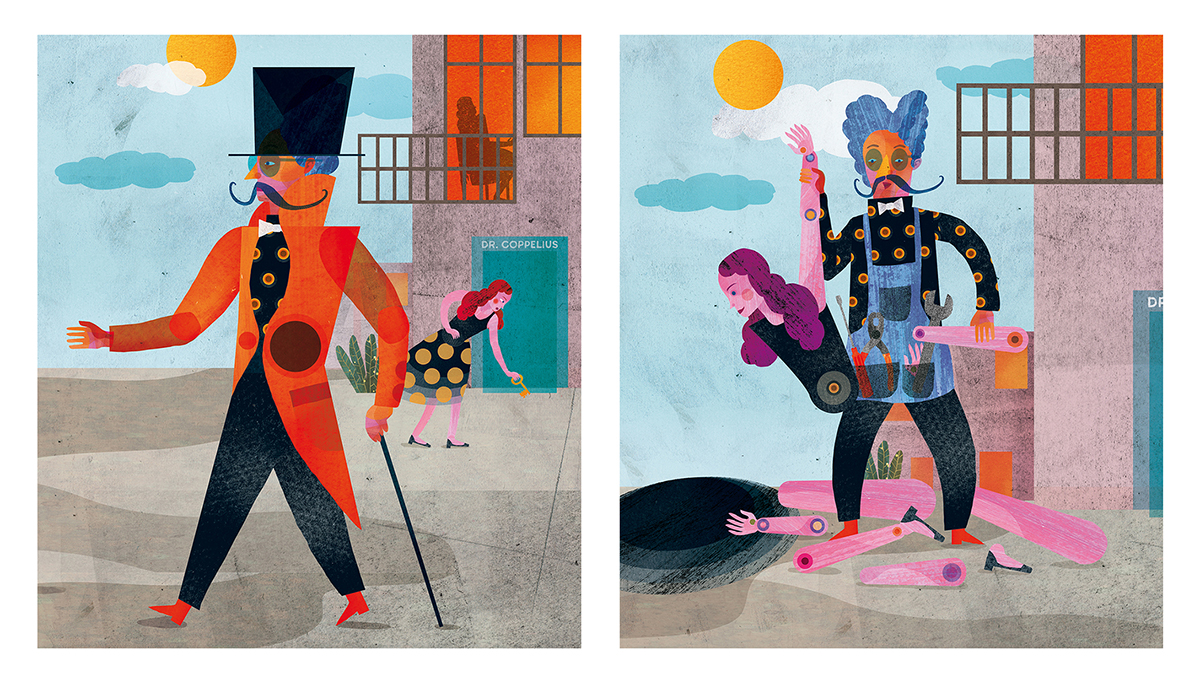 Zwei Illustrationen für das Ballett »Coppélia« der Bayerischen Staatsoper. Links: Dr. Coppelius, eine überlebensgroße, schnurrbärtige Figur in orangefarbenem Gehrock und hohem Hut, schreitet durch eine Kulisse aus Häuserwänden, während im Hintergrund eine Figur seinen Schlüssel aufhebt. Rechts: Die gleiche Figur, nun als Mechaniker gekleidet, hält eine zerstückte Puppenballerina in den Händen.