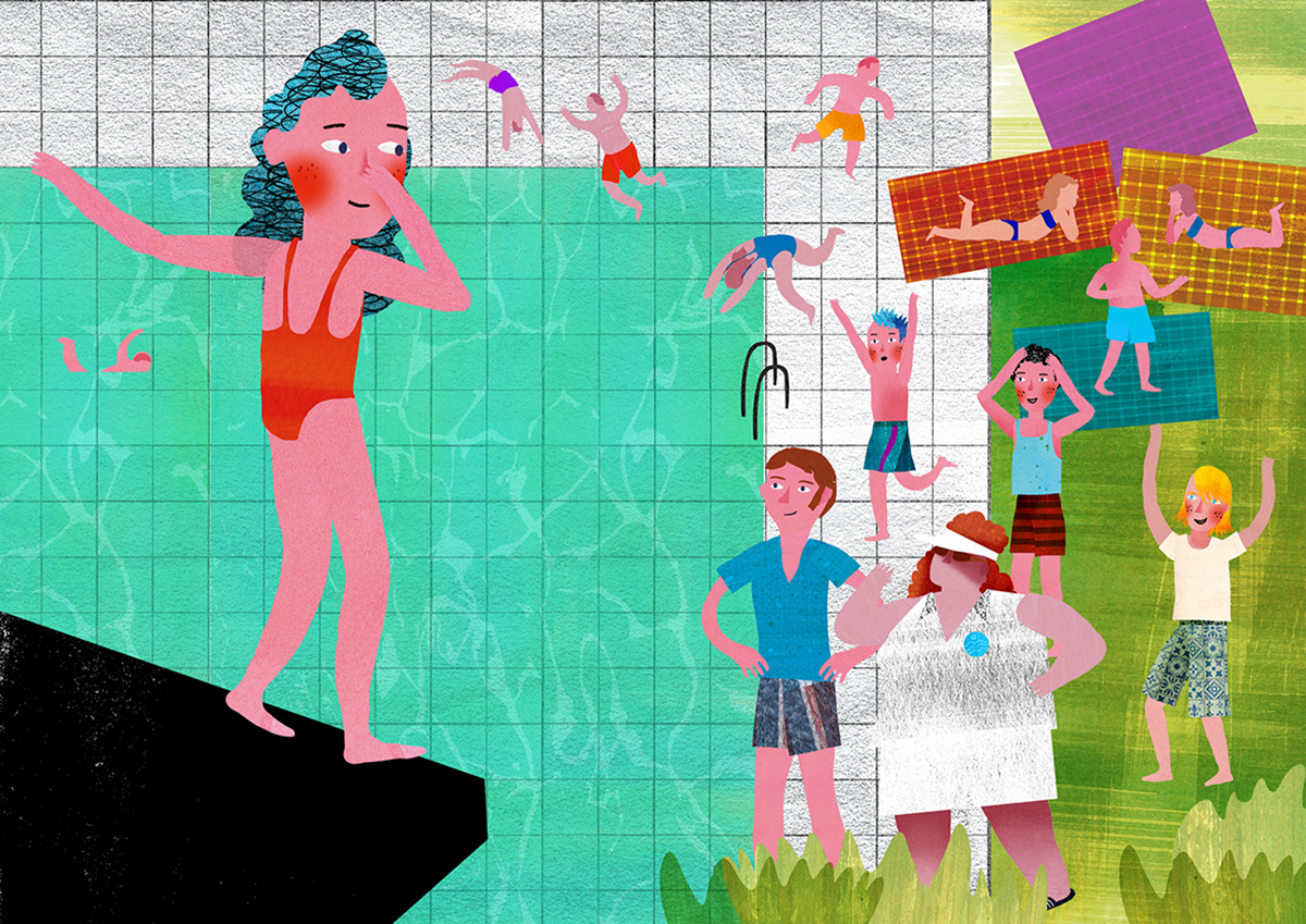 Freibad-Szene aus dem Kinderbuch »Spring doch!«, erschienen im SJW Verlag. Im Vordergrund steht ein Kind im roten Badeanzug zögernd auf einem Sprungbrett, während im Hintergrund andere Kinder mutig ins Wasser springen oder auf Badematten liegen. Die bunte Illustration vermittelt das Thema Überwindung und Mut.