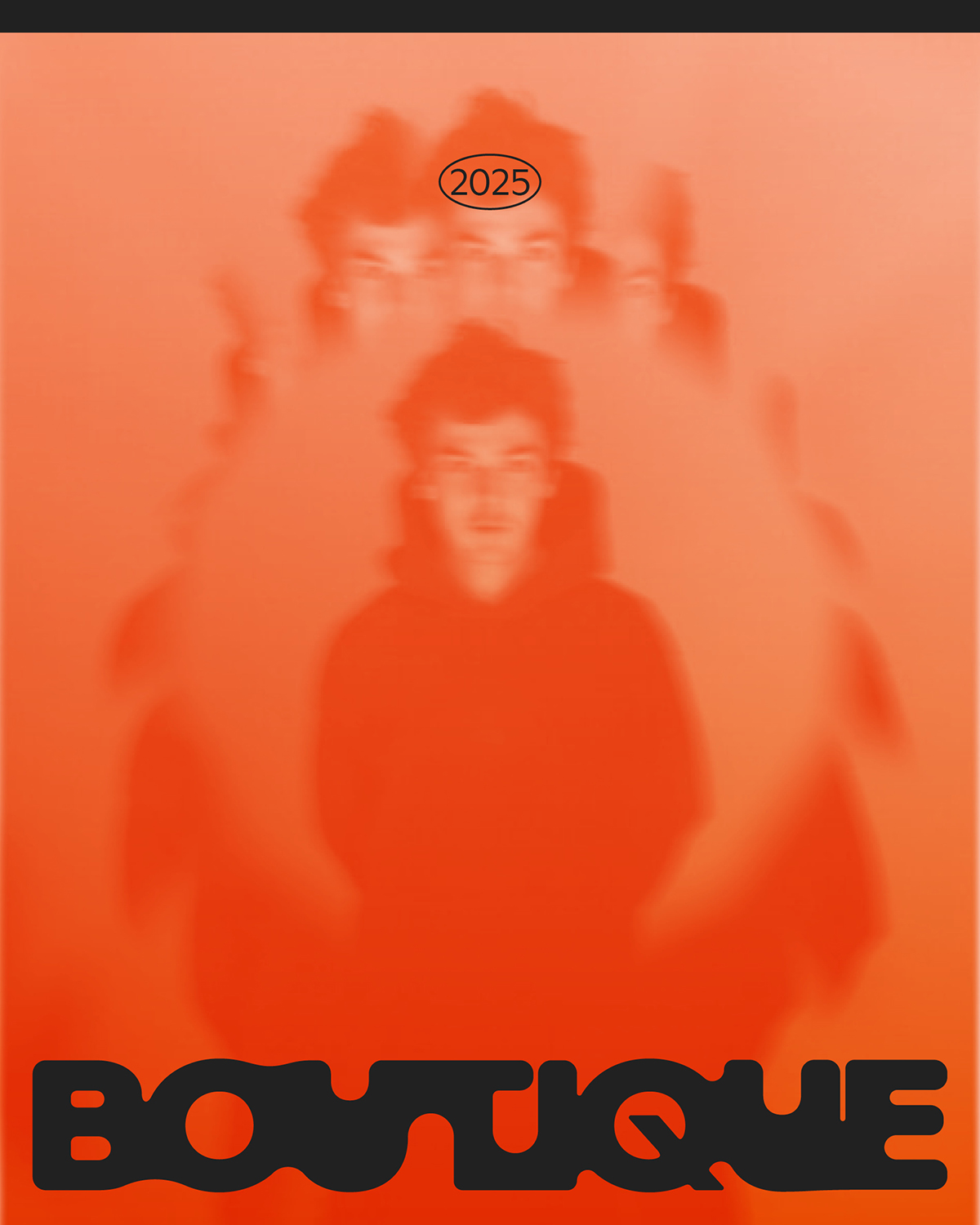 Bandcover für BOUTIQUE Music Label, 2025. Mehrere Personensilhouetten sind unscharf und überlagert in warmen Orangetönen fotografiert. Am oberen Bildrand befindet sich die Jahreszahl 2025 in einem ovalen Rahmen, unten ist das schwarze BOUTIQUE-Wortlogo platziert.