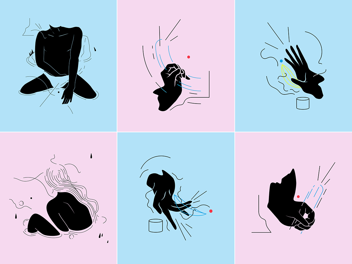 Sechs Illustrationen aus dem Buch »FAQ You« zum Thema Masturbation. Die Bilder zeigen stilisierte, schwarze Körpersilhouetten und isolierte Körperteile auf abwechselnd rosa und hellblauem Hintergrund. Ergänzende Linienzeichnungen und kleine Farbakzente in Gelb, Blau und Rot verleihen den Illustrationen eine dynamische, abstrakte Qualität.