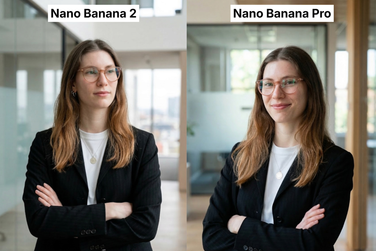 Zwei nebeneinander dargestellte Porträts derselben Frau in einem modernen Innenraum. Links („Nano Banana 2“) blickt sie mit verschränkten Armen leicht zur Seite und wirkt neutral; rechts („Nano Banana Pro“) schaut sie in die Kamera und lächelt leicht. In beiden Bildern trägt sie eine runde Brille, einen dunklen Blazer über einem hellen Shirt sowie eine Halskette mit rundem Anhänger. Der Hintergrund ist jeweils hell und unscharf, mit großen Fenstern und architektonischen Elementen.