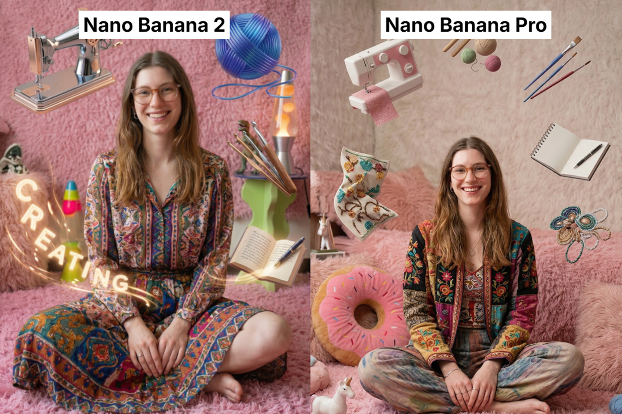Zweiteilige Darstellung einer Frau in einem farbenfrohen, kreativen Setting. Links („Nano Banana 2“) sitzt sie lächelnd im Schneidersitz auf einem pinken Teppich und trägt ein gemustertes Kleid; um sie herum schweben verschiedene kreative Objekte wie Nähmaschine, Garn, Pinsel, Buch und Lampen, dazu ein leuchtender „CREATING“-Schriftzug. Rechts („Nano Banana Pro“) sitzt sie ebenfalls im Schneidersitz in einem ähnlich gestalteten Raum, trägt ein detailreiches, buntes Outfit und ist von sorgfältig arrangierten Handarbeits- und Kreativobjekten wie Nähmaschine, Garn, Stiften, Notizbuch und bestickten Textilien umgeben.