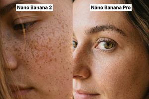 Zweiteilige Nahaufnahme eines Gesichts mit Sommersprossen. Links („Nano Banana 2“) ist ein sehr enger Ausschnitt der Wange und des Auges zu sehen, leicht unscharf und mit geschlossenem Blick nach unten. Rechts („Nano Banana Pro“) zeigt eine schärfere, detailreiche Aufnahme des Gesichts im Profil mit geöffnetem Auge, sichtbaren Hautstrukturen und natürlichem Licht.