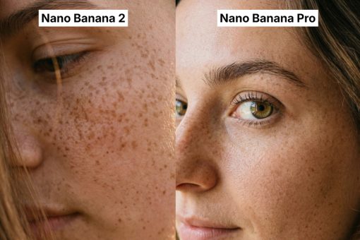 Zweiteilige Nahaufnahme eines Gesichts mit Sommersprossen. Links („Nano Banana 2“) ist ein sehr enger Ausschnitt der Wange und des Auges zu sehen, leicht unscharf und mit geschlossenem Blick nach unten. Rechts („Nano Banana Pro“) zeigt eine schärfere, detailreiche Aufnahme des Gesichts im Profil mit geöffnetem Auge, sichtbaren Hautstrukturen und natürlichem Licht.