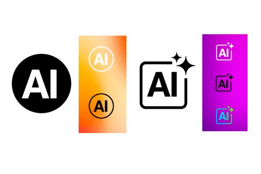 Vier unterschiedliche KI-Icons nebeneinander: links ein schlichtes schwarzes „AI“ im Kreis, daneben zwei Varianten auf orangefarbenem Farbverlauf mit Kreislinien, in der Mitte ein minimalistisches schwarzes „AI“-Symbol mit Glanzeffekten, rechts drei farbige Versionen auf pink-violettem Hintergrund.