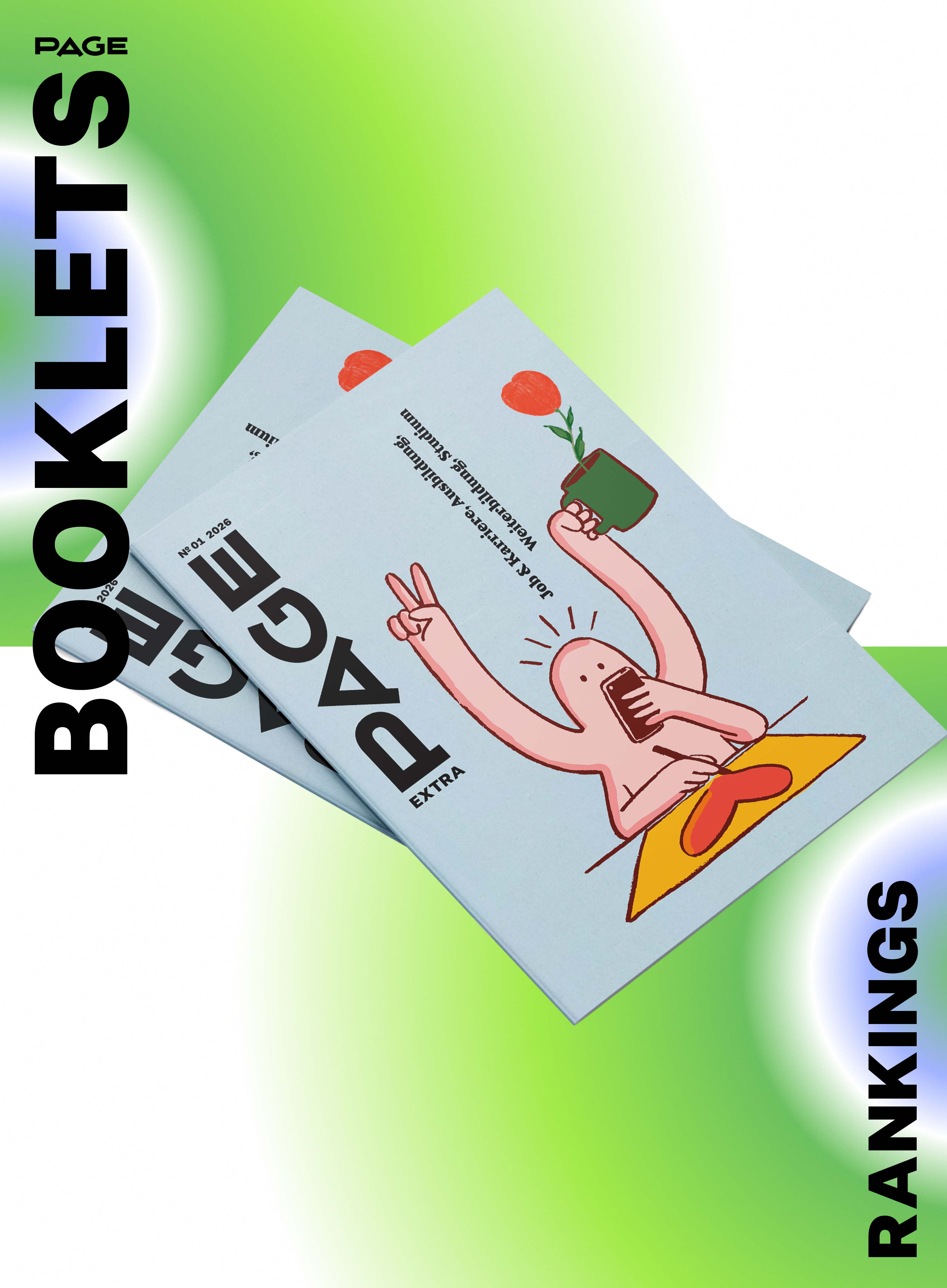 Grafik mit grünem Farbverlauf und schwebenden Heften des „PAGE Booklets“. Auf dem Cover ist eine illustrierte Figur zu sehen, die ein Smartphone hält und eine Pflanze hochstreckt. Links steht vertikal „BOOKLETS“, rechts „RANKINGS“, oben „PAGE“.