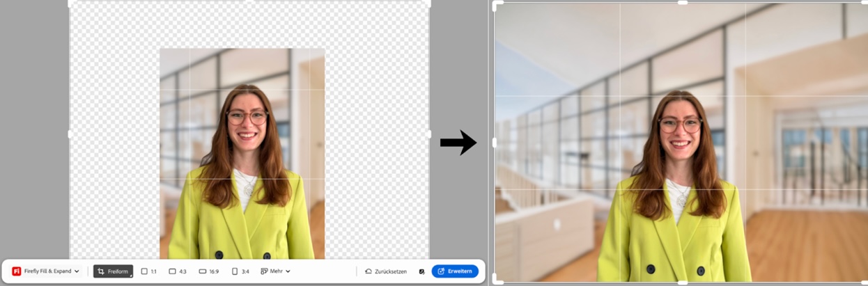 Screenshot von Adobe Photoshop: Vorher-nachher-Darstellung eines Porträts, bei dem ein freigestelltes Bild einer Frau durch „Generative Fill/Expand“ in einen erweiterten Innenraum-Hintergrund eingebettet wird.