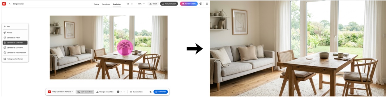Screenshot einer Bildbearbeitungsoberfläche: Vorher-nachher-Darstellung eines Wohnzimmers, bei dem ein markiertes Objekt auf dem Tisch mithilfe einer generativen Entfernen-Funktion aus dem Bild entfernt wird.