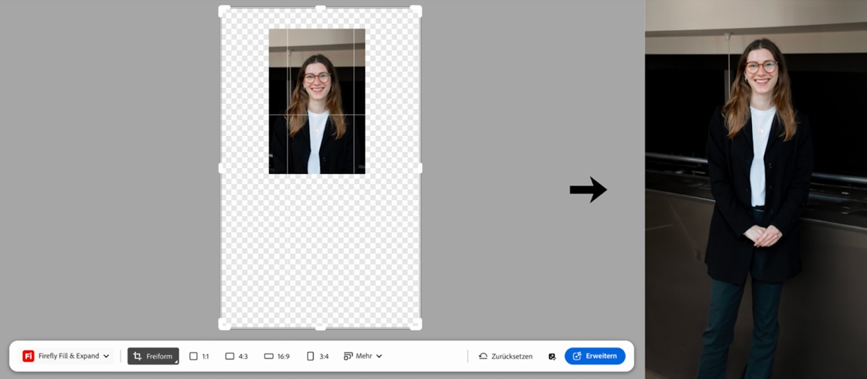 Screenshot einer Bildbearbeitungsoberfläche: Vorher-nachher-Darstellung eines Porträts, bei dem ein freigestelltes Bild durch „Generative Fill/Expand“ zu einer vollständigen Ganzkörperaufnahme erweitert wird.