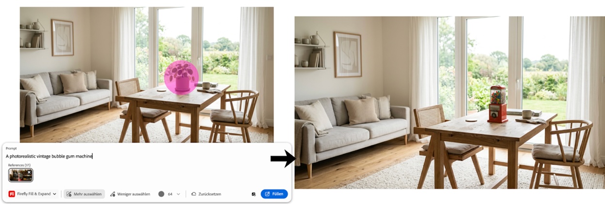 Vorher-nachher-Darstellung einer Bildbearbeitung: In einem Wohnzimmer wird ein markiertes Objekt auf dem Tisch per generativer KI durch ein anderes Objekt (Kaugummiautomat) ersetzt.