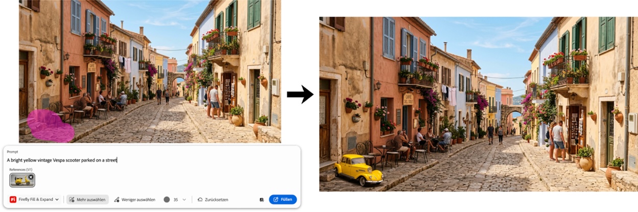 Vorher-nachher-Darstellung einer Bildbearbeitung: Eine mediterrane Straßenszene wird per generativer KI ergänzt, indem ein kleines gelbes Fahrzeug am Straßenrand hinzugefügt wird.
