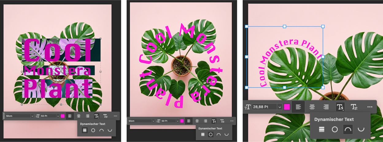 Dreiteilige Darstellung einer Designbearbeitung: Eine Monstera-Pflanze wird mit unterschiedlichen Typografie-Layouts kombiniert – von überlagertem Text über kreisförmige Schrift bis hin zu angepasstem Textfluss entlang der Blätter.