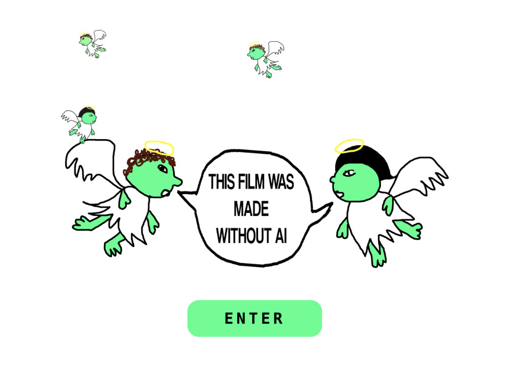 Digitalprojekt, Dieser Film wurde ohne KI gemacht, zwei grüne Engel mit Sprechblase 